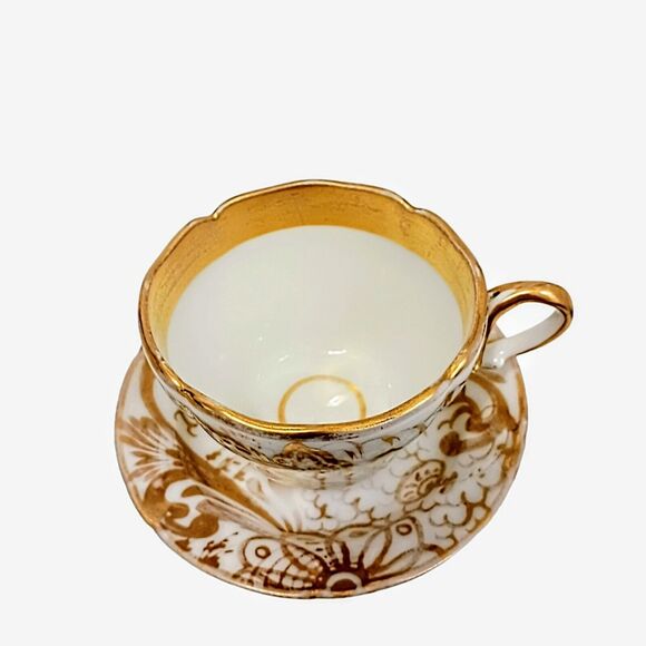 4 Pieces 24k Gold Hand Painted TEA CUP SAUCERS SET Scalloped Hollywood Regency - Picture 7 of 16